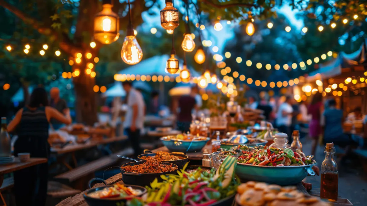 Une longue tablée en plein air le soir, sous des guirlandes lumineuses, plats partagés au centre