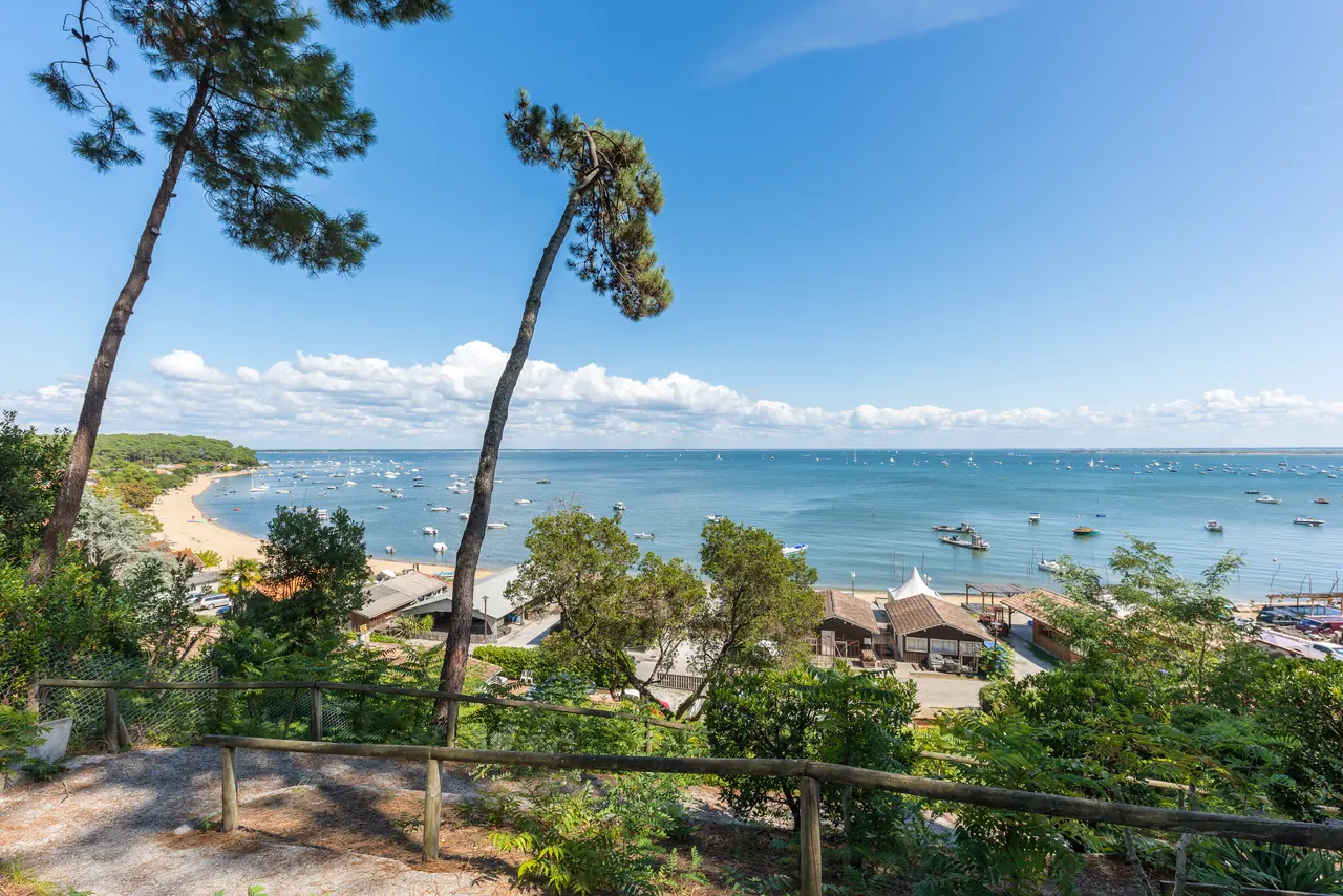 Le bassin d'Arcachon vu depuis les pins, plage et bateaux au mouillage